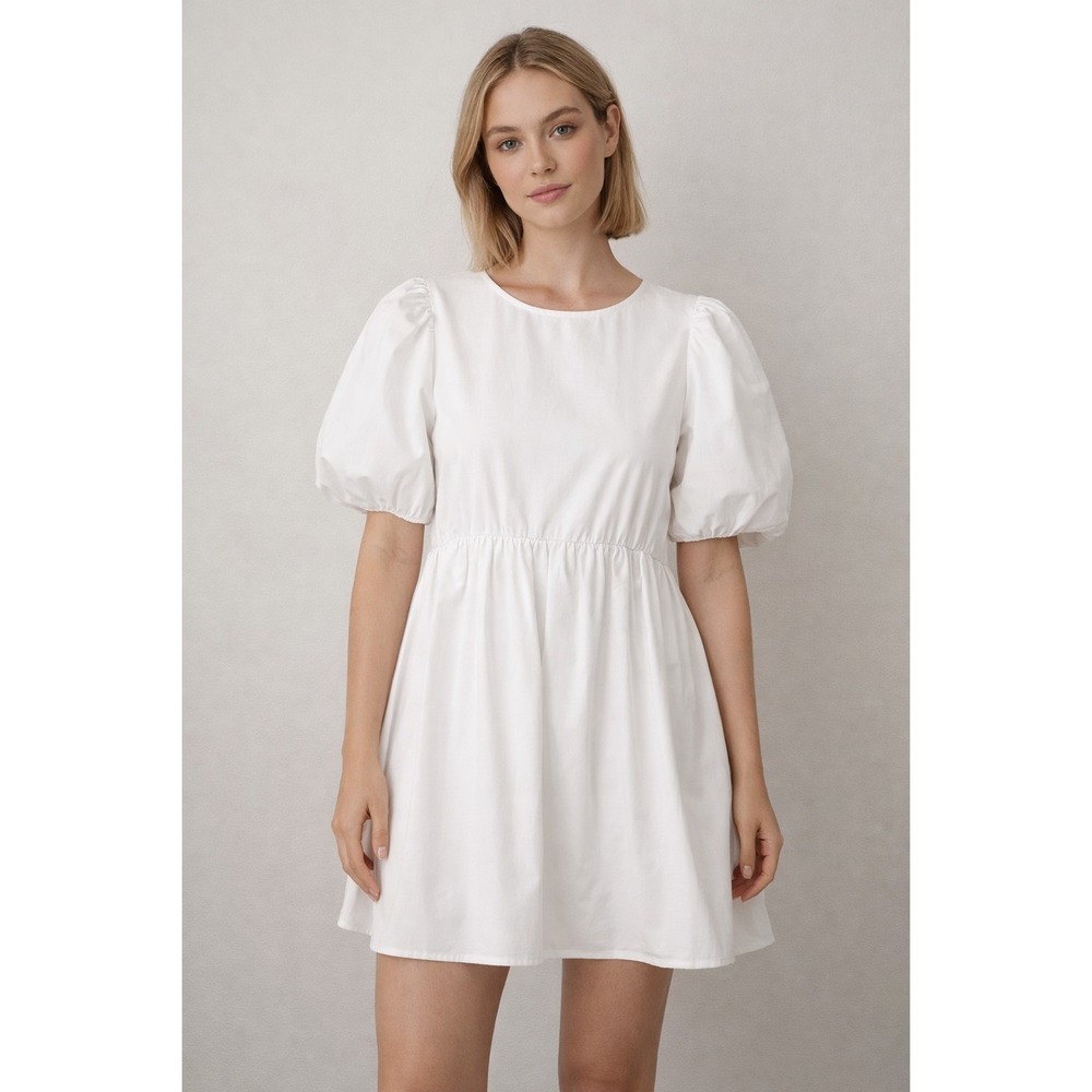 MADEWELL White Puff Sleeve Polin Mini Dress Size 8 Babydoll -3029